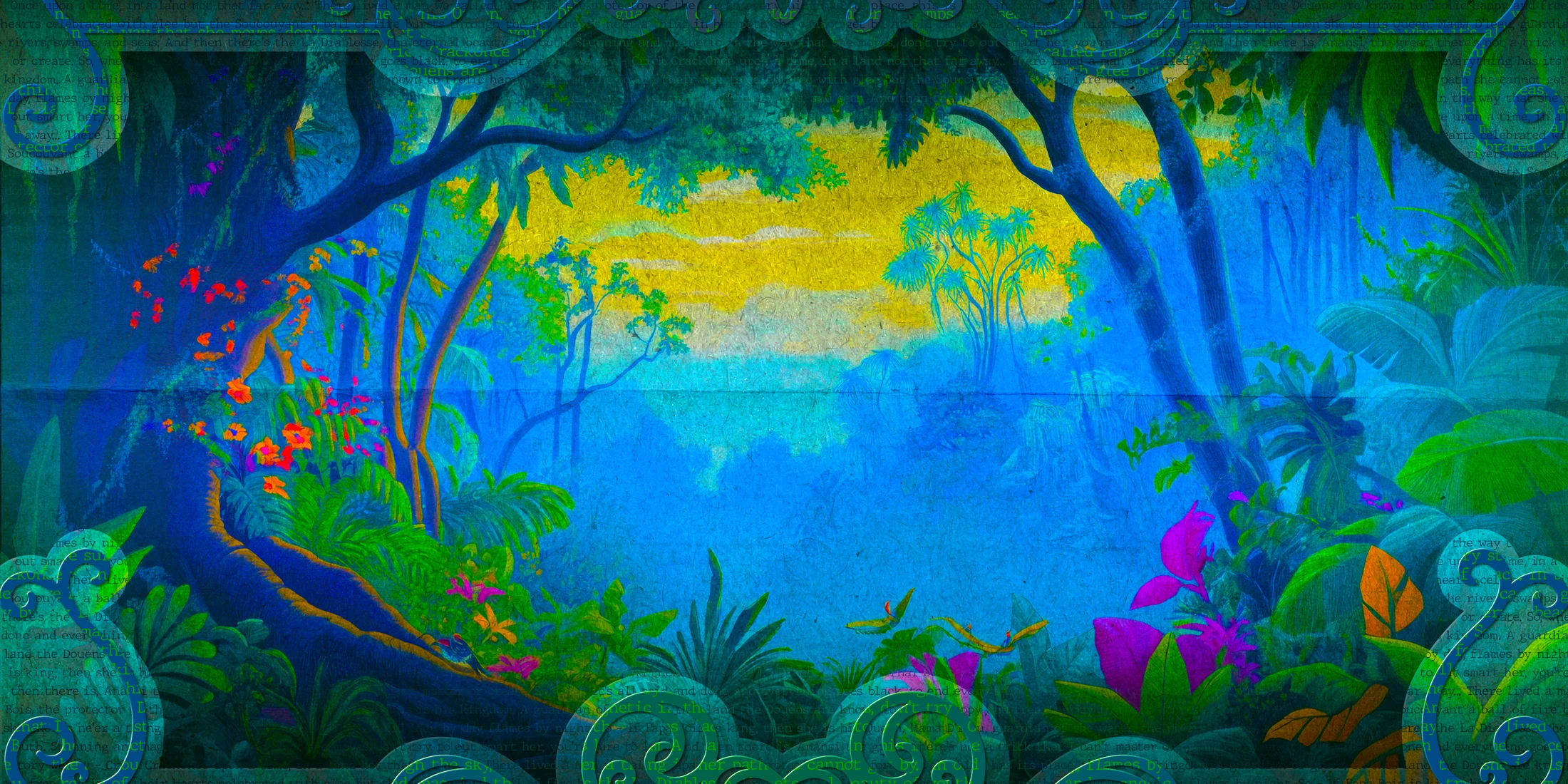 A painted mythical forest at dawn — deep teal canopy opening onto a golden clearing, flowering vines and birds in the understory.