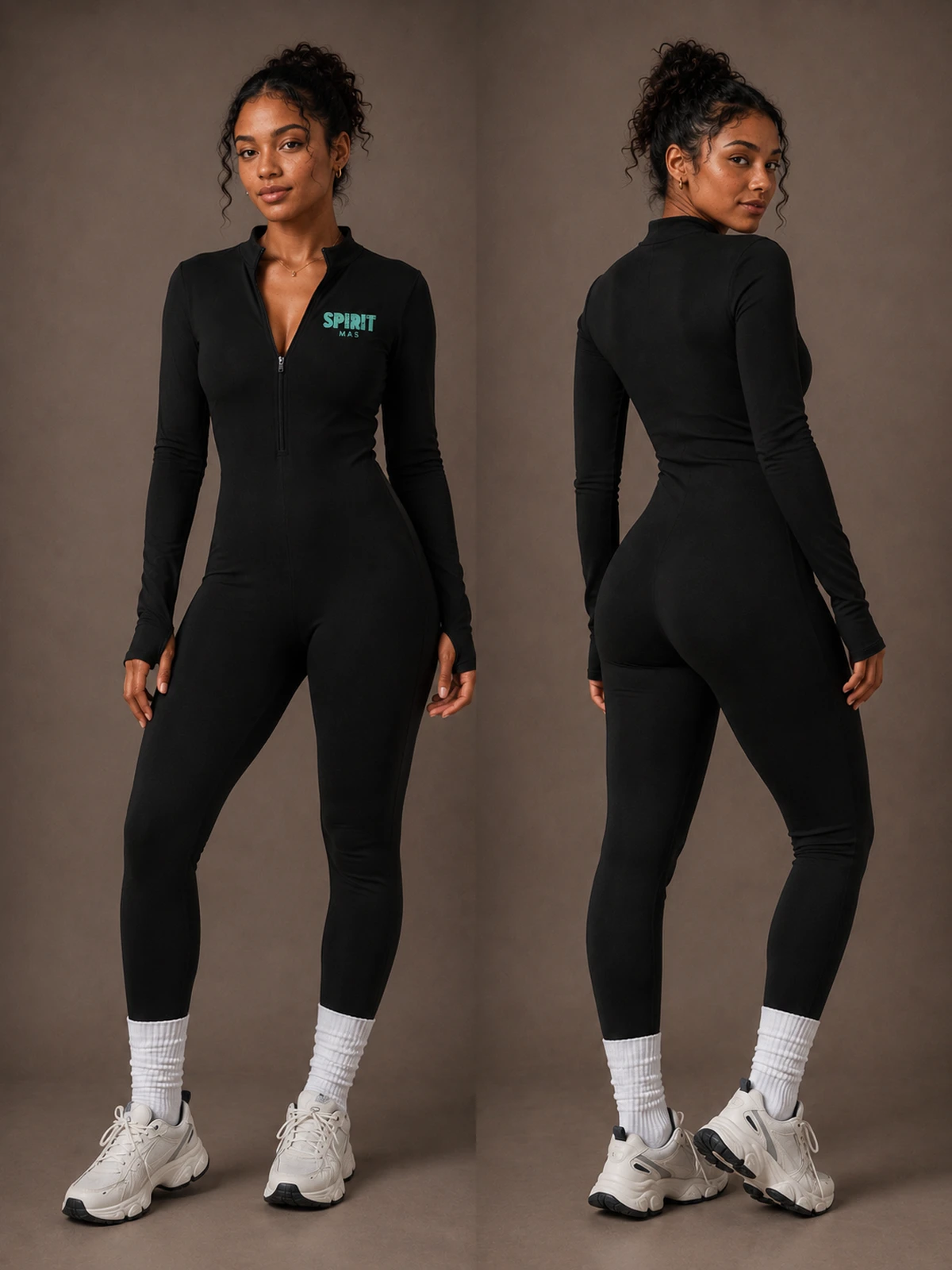 Women's Active Long Sleeve Jumpsuit in Black w/ Green Logo